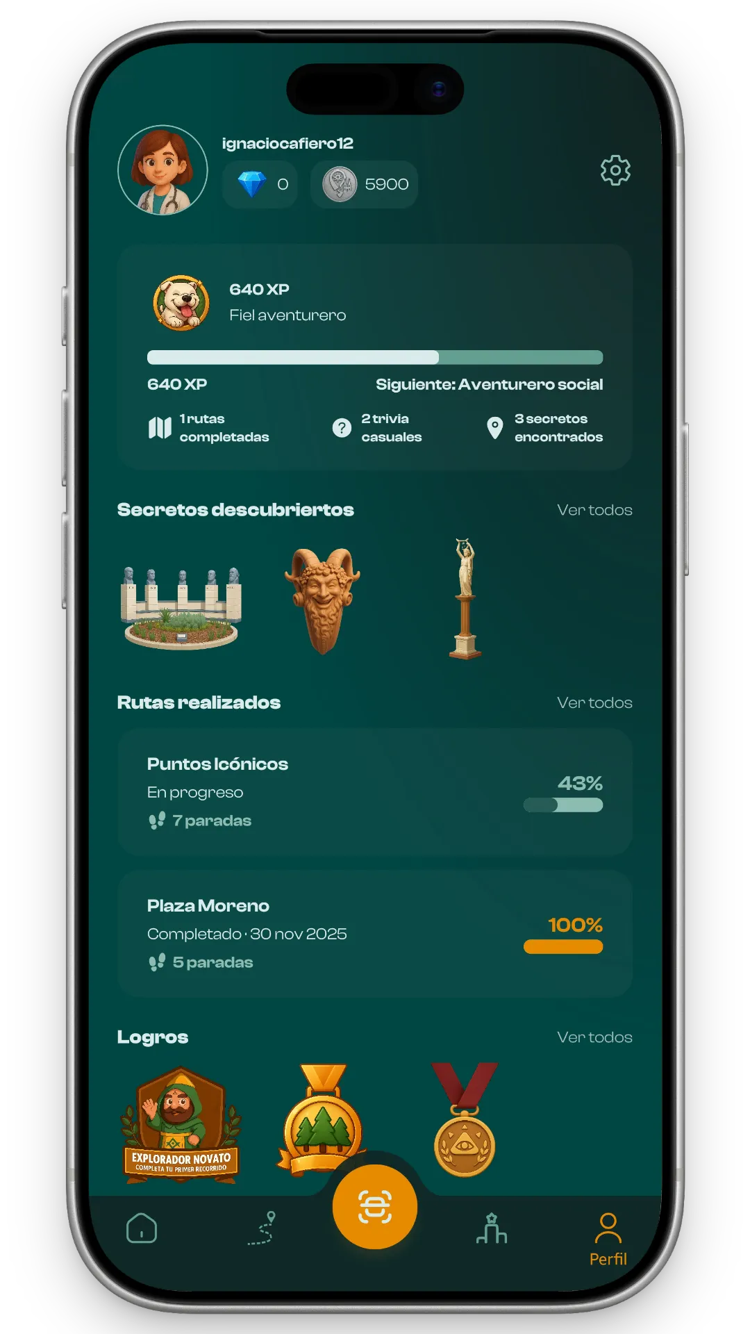 Perfil de Entre Diagonales con experiencia, secretos, rutas y logros desbloqueados